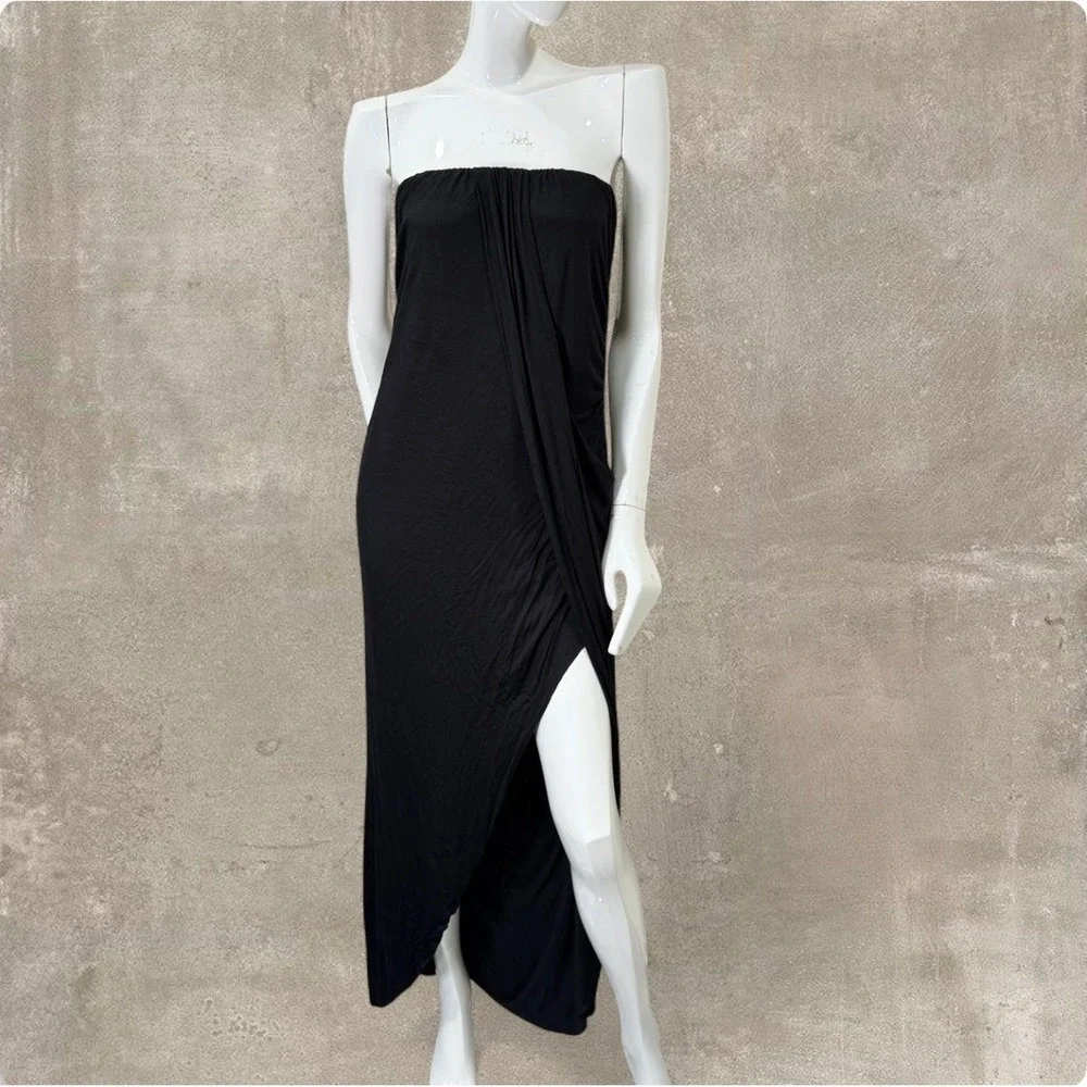 Avant Garde Black Strapless Draped Maxi Dress Asymmetrical Slit‎ Made in USA XXL